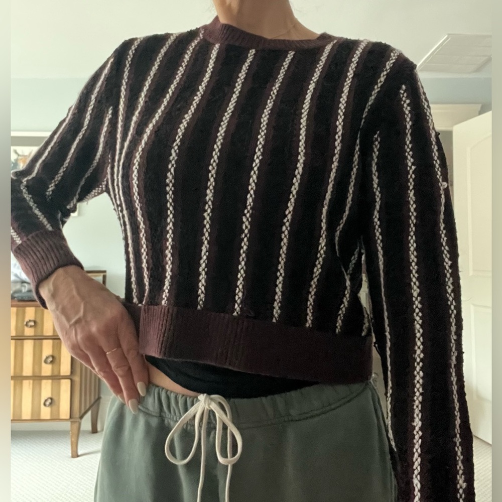 plum, black and white striped public school sweater